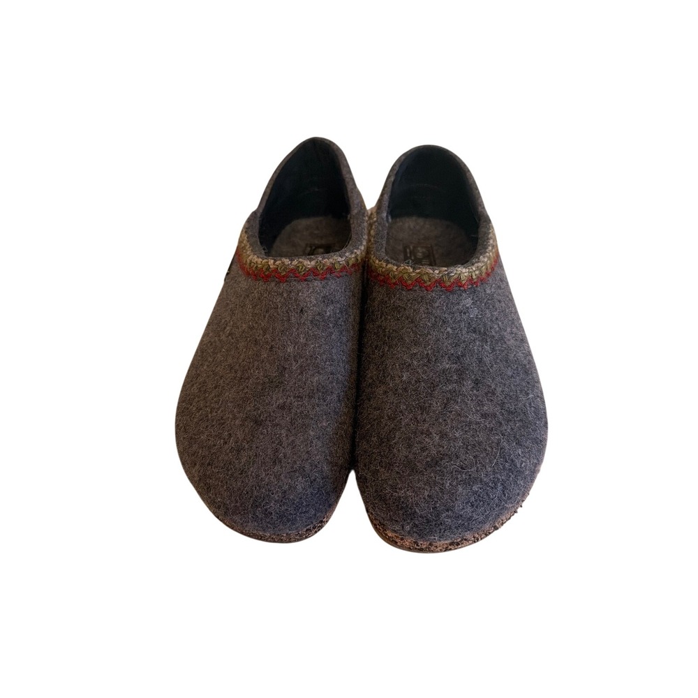 Haflinger Clogs Grey Grizzly Wool Slip On Embroidered Trim Cork Footbed EU 37